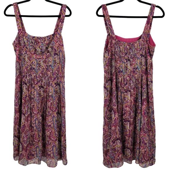 Vintage Lauren Silk Midi Dress 12 Pink Purple Paisley Sheer Square Neck Pleated - Picture 1 of 10